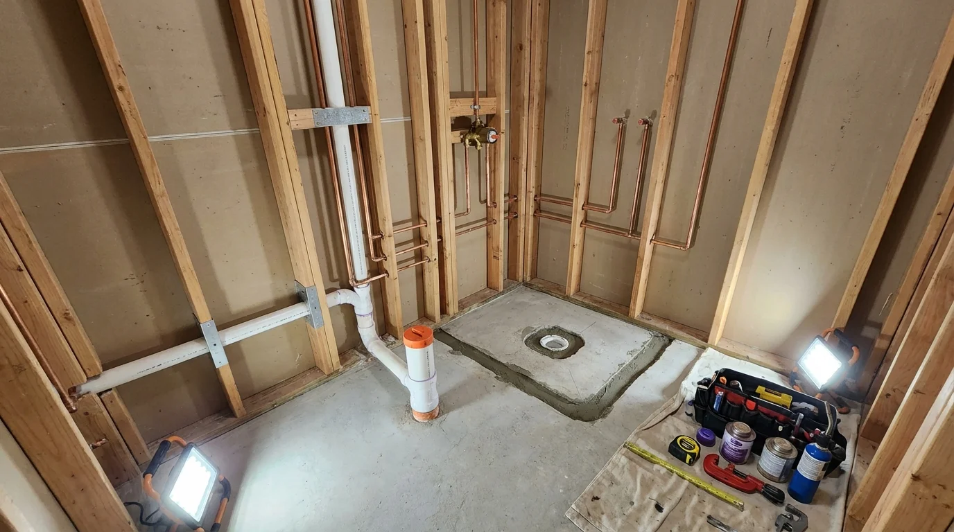 Bathroom rough-in plumbing during remodel by Johns Plumbing LLC in Frankton