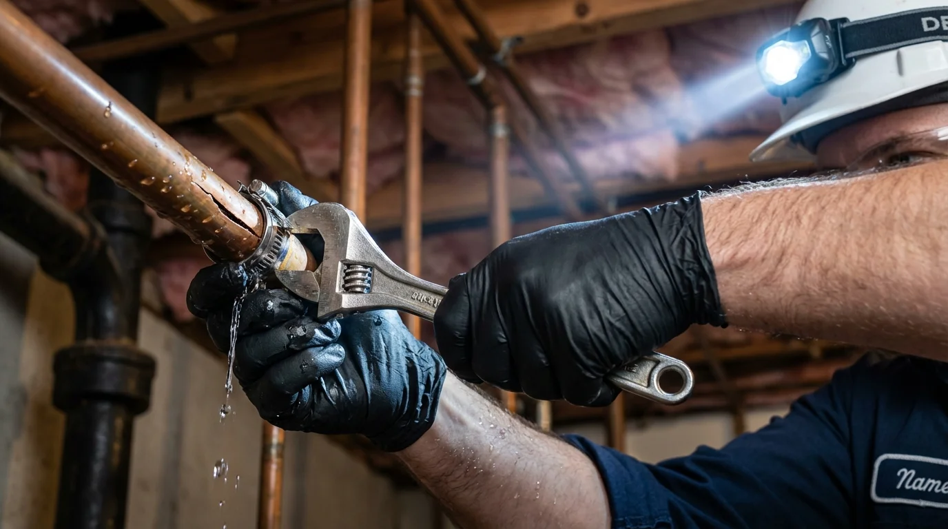Emergency pipe clamp repair being performed by a Johns Plumbing LLC plumber in Frankton