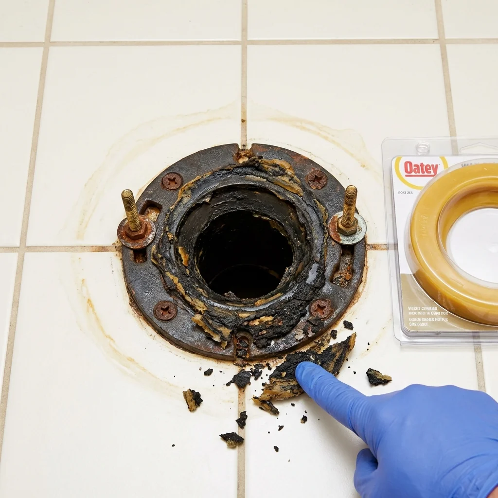 Failed wax ring showing water seepage at the base of a toilet in a Frankton, IN home