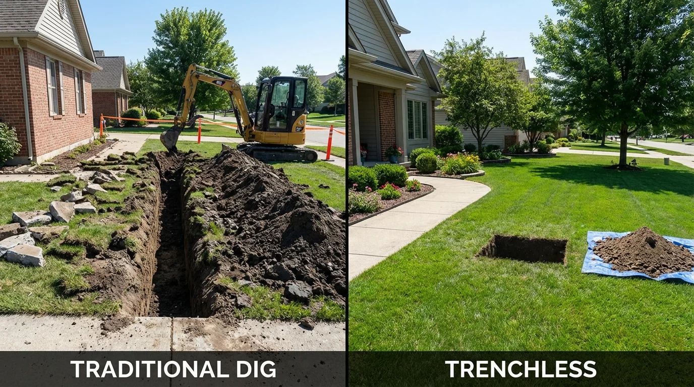 Trenchless sewer repair with minimal yard damage versus traditional excavation in Frankton, IN