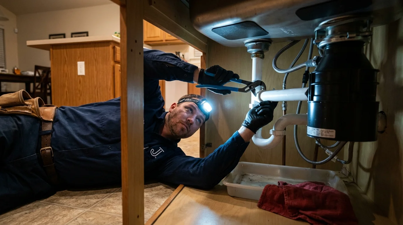 P-trap and supply line connections under a kitchen sink showing a common leak point in Frankton, IN